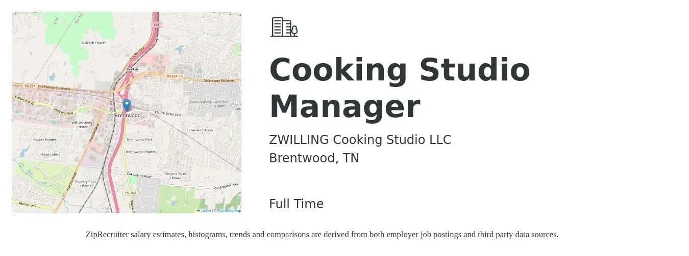 ZWILLING Cooking Studio LLC job posting for a Cooking Studio Manager in Brentwood, TN with a salary of $39,700 to $56,800 Yearly with a map of Brentwood location.