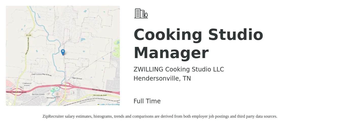 ZWILLING Cooking Studio LLC job posting for a Cooking Studio Manager in Hendersonville, TN with a salary of $39,700 to $56,700 Yearly with a map of Hendersonville location.