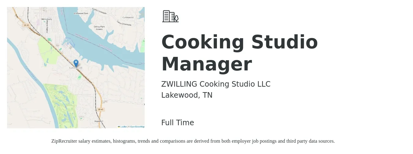 ZWILLING Cooking Studio LLC job posting for a Cooking Studio Manager in Lakewood, TN with a salary of $42,000 to $60,100 Yearly with a map of Lakewood location.