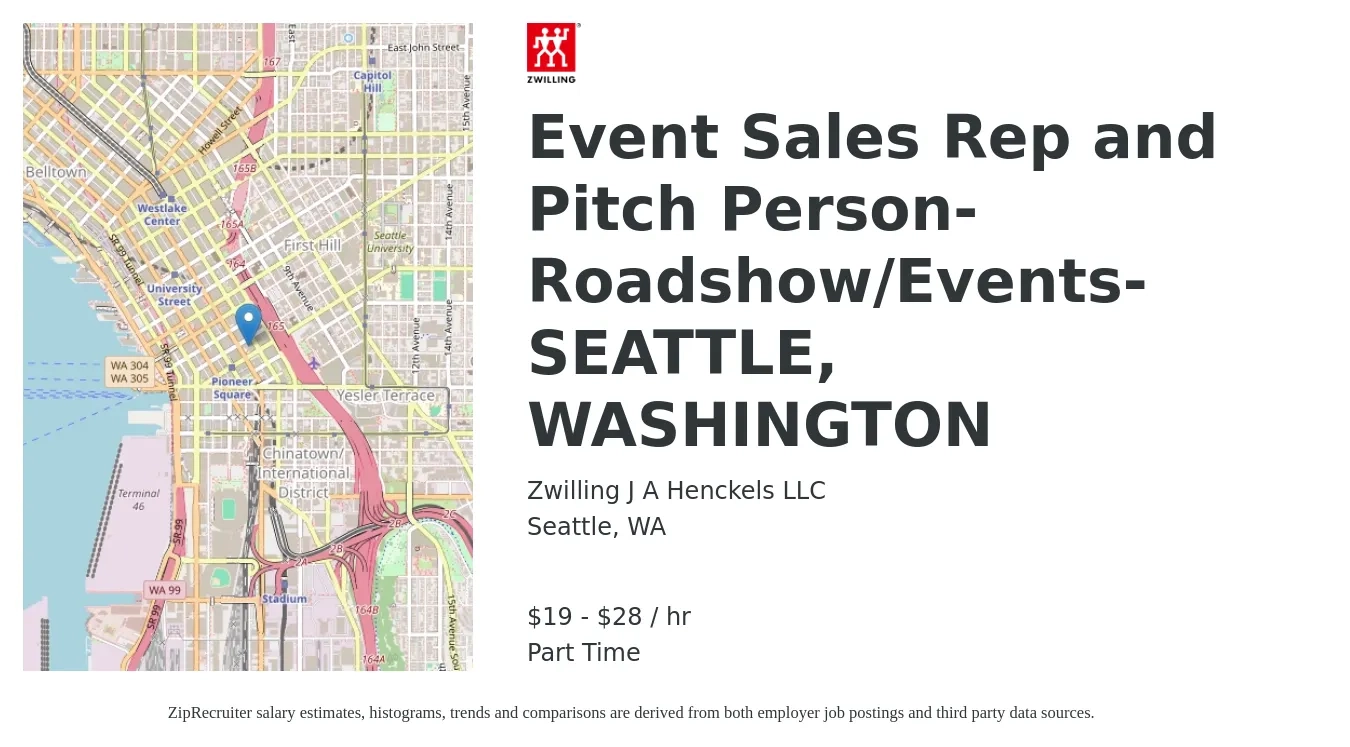 Zwilling J.A. Henckels job posting for a Event Sales Rep and Pitch Person- Roadshow/Events- SEATTLE, WASHINGTON in Seattle, WA with a salary of $20 to $30 Hourly with a map of Seattle location.