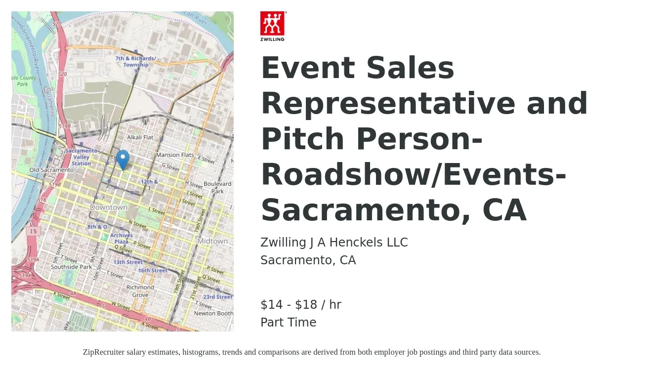 Zwilling J.A. Henckels job posting for a Event Sales Representative and Pitch Person- Roadshow/Events-Sacramento, CA in Sacramento, CA with a salary of $27 Hourly with a map of Sacramento location.