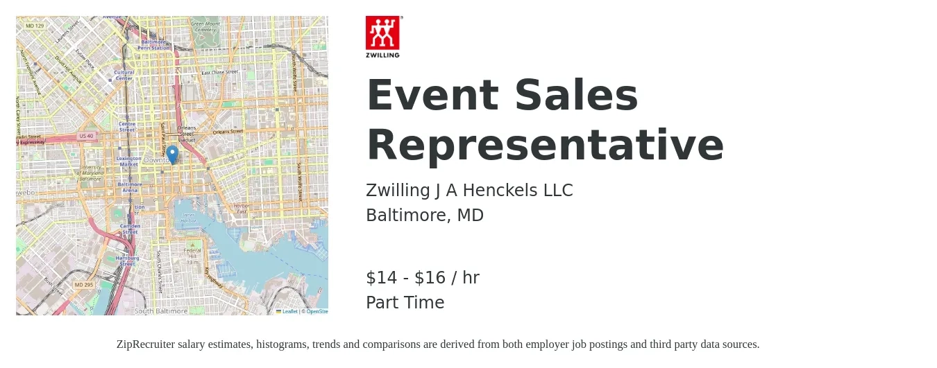 Zwilling J.A. Henckels job posting for a Event Sales Representative in Baltimore, MD with a salary of $15 to $17 Hourly with a map of Baltimore location.