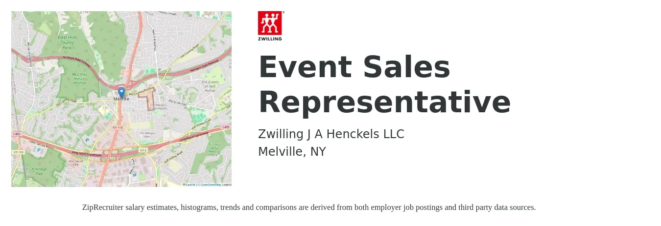 Zwilling J.A. Henckels job posting for a Event Sales Representative in Melville, NY with a salary of $2,300 to $2,500 Daily with a map of Melville location.