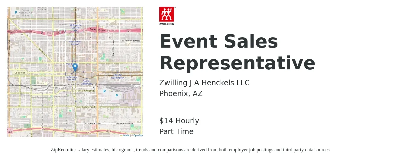 Zwilling J.A. Henckels job posting for a Event Sales Representative in Phoenix, AZ with a salary of $15 Hourly with a map of Phoenix location.