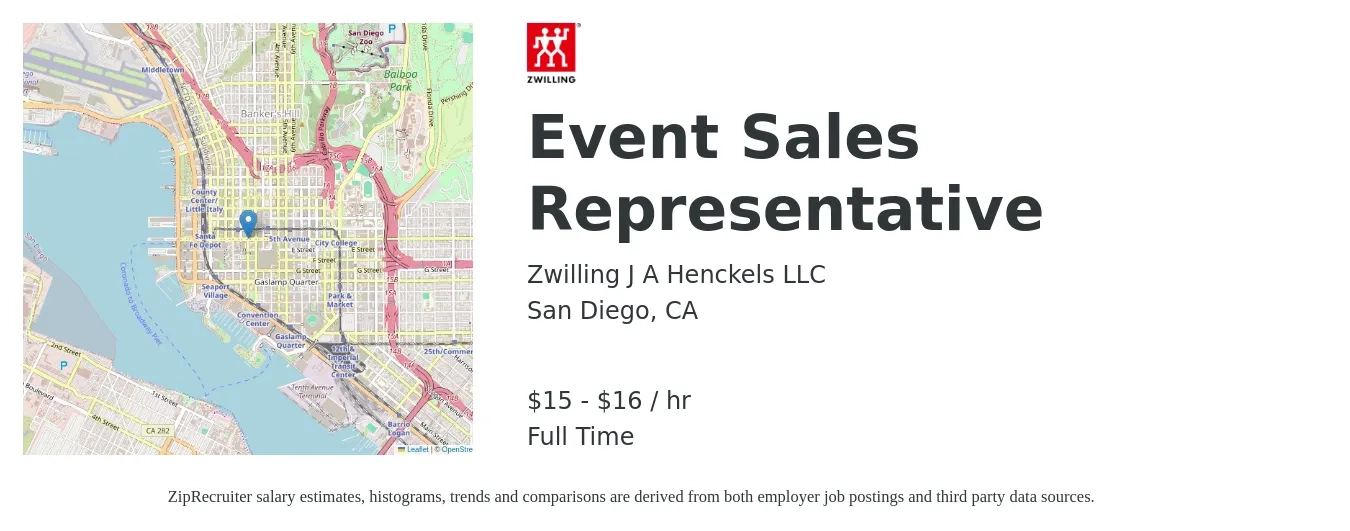 Zwilling J.A. Henckels job posting for a Event Sales Representative in San Diego, CA with a salary of $16 to $17 Hourly with a map of San Diego location.