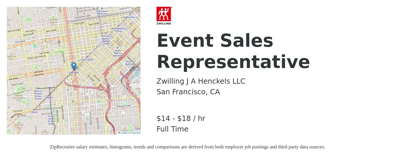 Zwilling J.A. Henckels job posting for a Event Sales Representative in San Francisco, CA with a salary of $16 to $19 Hourly with a map of San Francisco location.
