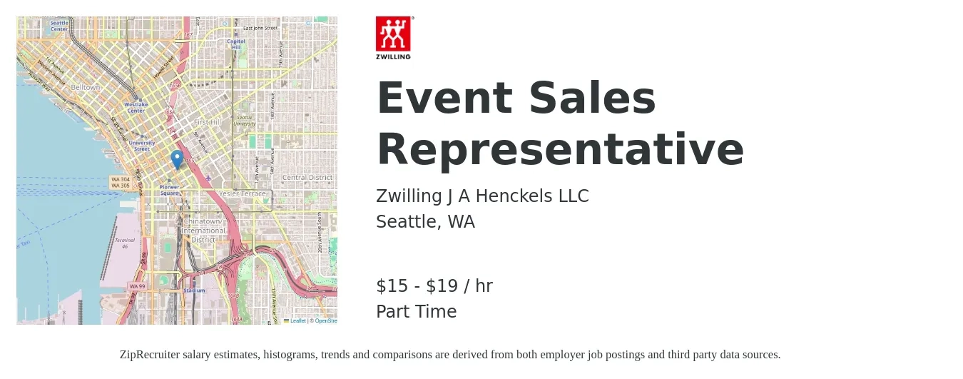 Zwilling J.A. Henckels job posting for a Event Sales Representative in Seattle, WA with a salary of $16 to $20 Hourly with a map of Seattle location.