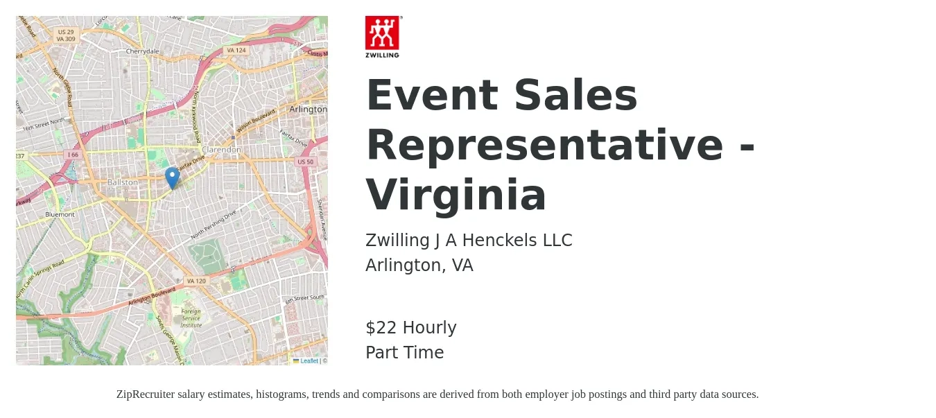 Zwilling J.A. Henckels job posting for a Event Sales Representative - Virginia in Arlington, VA with a salary of $15 Hourly with a map of Arlington location.