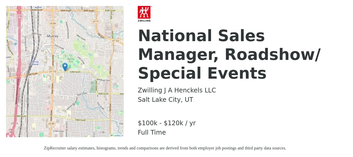 Zwilling J.A. Henckels job posting for a National Sales Manager, Roadshow/ Special Events in Salt Lake City, UT with a salary of $100,000 to $120,000 Yearly with a map of Salt Lake City location.