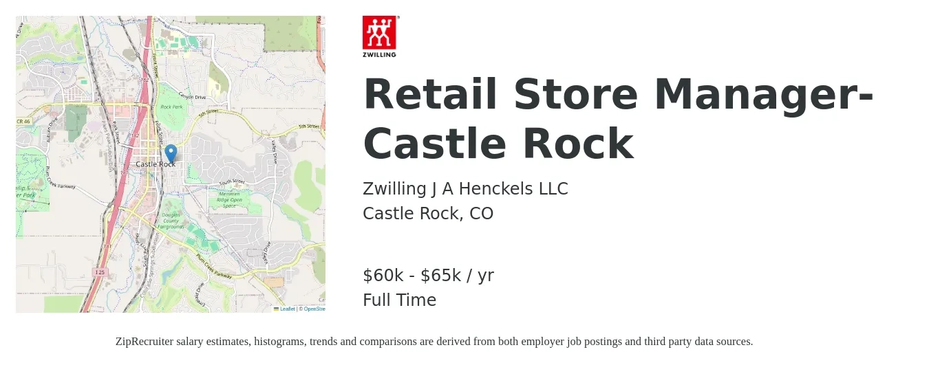 Zwilling J.A. Henckels job posting for a Retail Store Manager- Castle Rock in Castle Rock, CO with a salary of $60,000 to $65,000 Yearly with a map of Castle Rock location.
