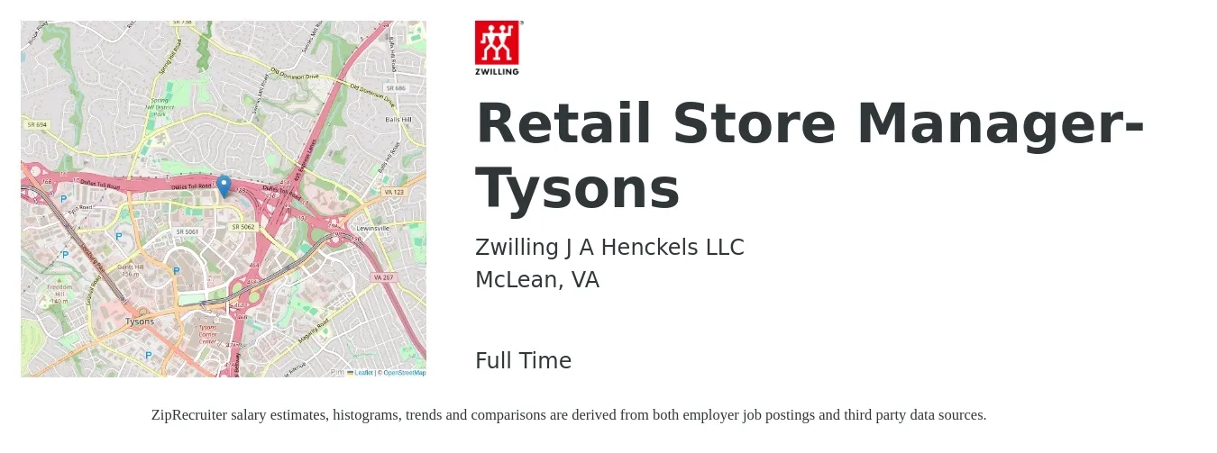 Zwilling J.A. Henckels job posting for a Retail Store Manager- Tysons in McLean, VA with a salary of $18 to $28 Hourly with a map of McLean location.
