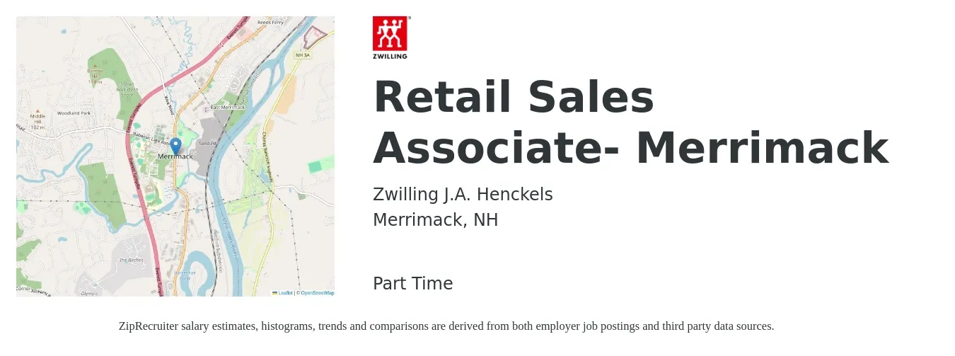 Zwilling J.A. Henckels job posting for a Retail Sales Associate- Merrimack in Merrimack, NH with a salary of $15 to $18 Hourly with a map of Merrimack location.