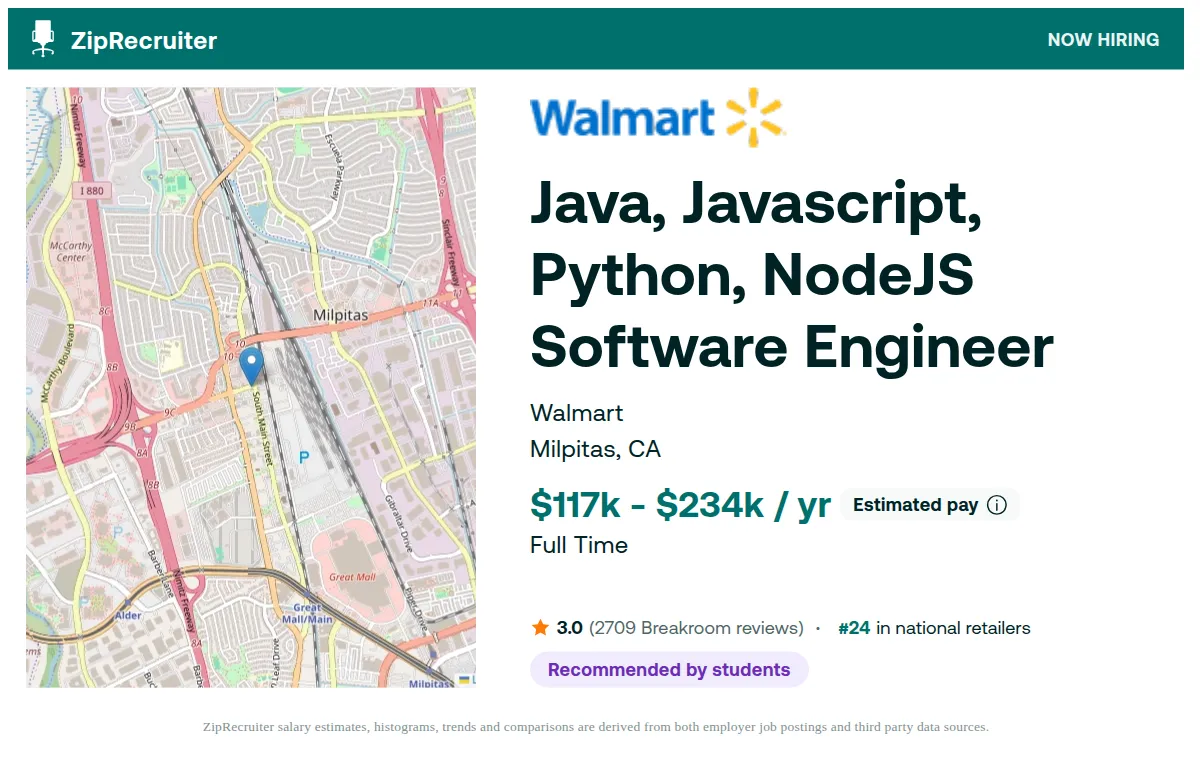 Walmart job posting for a Java, Javascript, Python, NodeJS Software Engineer in Milpitas, CA with a salary of $117,000.0 to $234,000.0 Annually, 3.0 star rating from 2827 Breakroom reviews, ranked #25 in national retailers, with a map of Milpitas location.