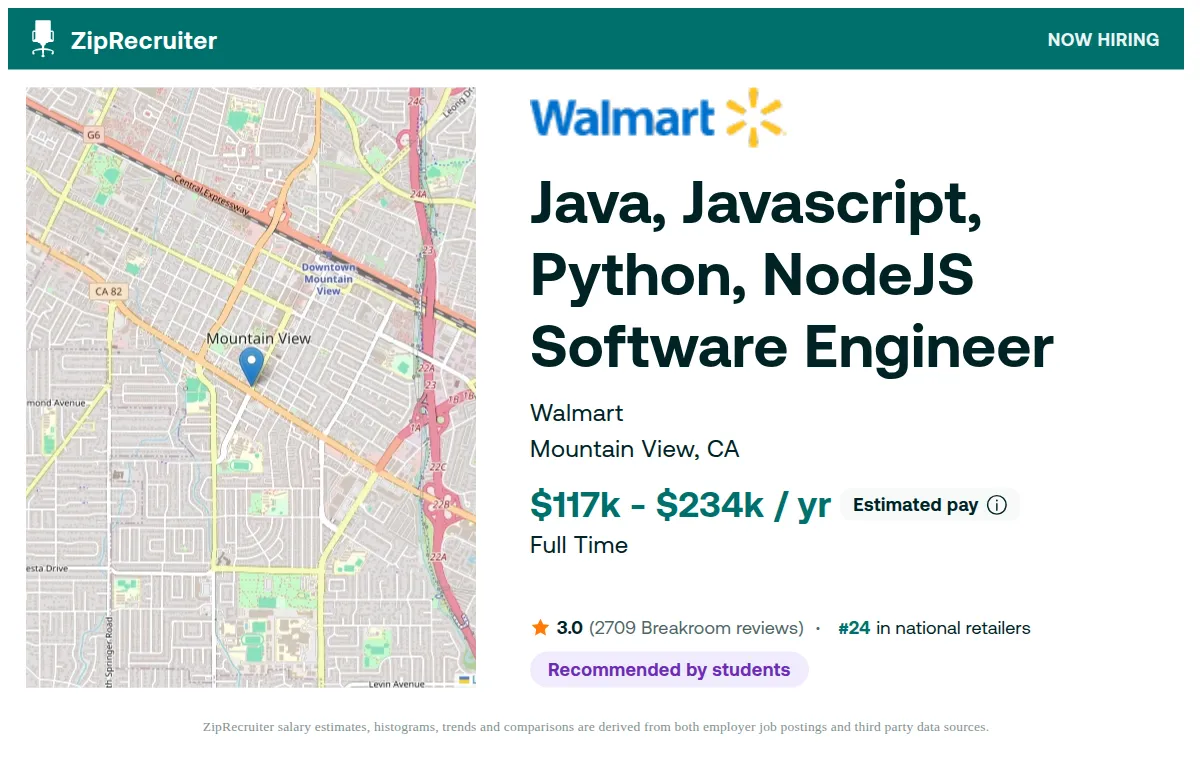 Walmart job posting for a Java, Javascript, Python, NodeJS Software Engineer in Mountain View, CA with a salary of $117,000.0 to $234,000.0 Annually, 3.0 star rating from 2827 Breakroom reviews, ranked #25 in national retailers, with a map of Mountain View location.