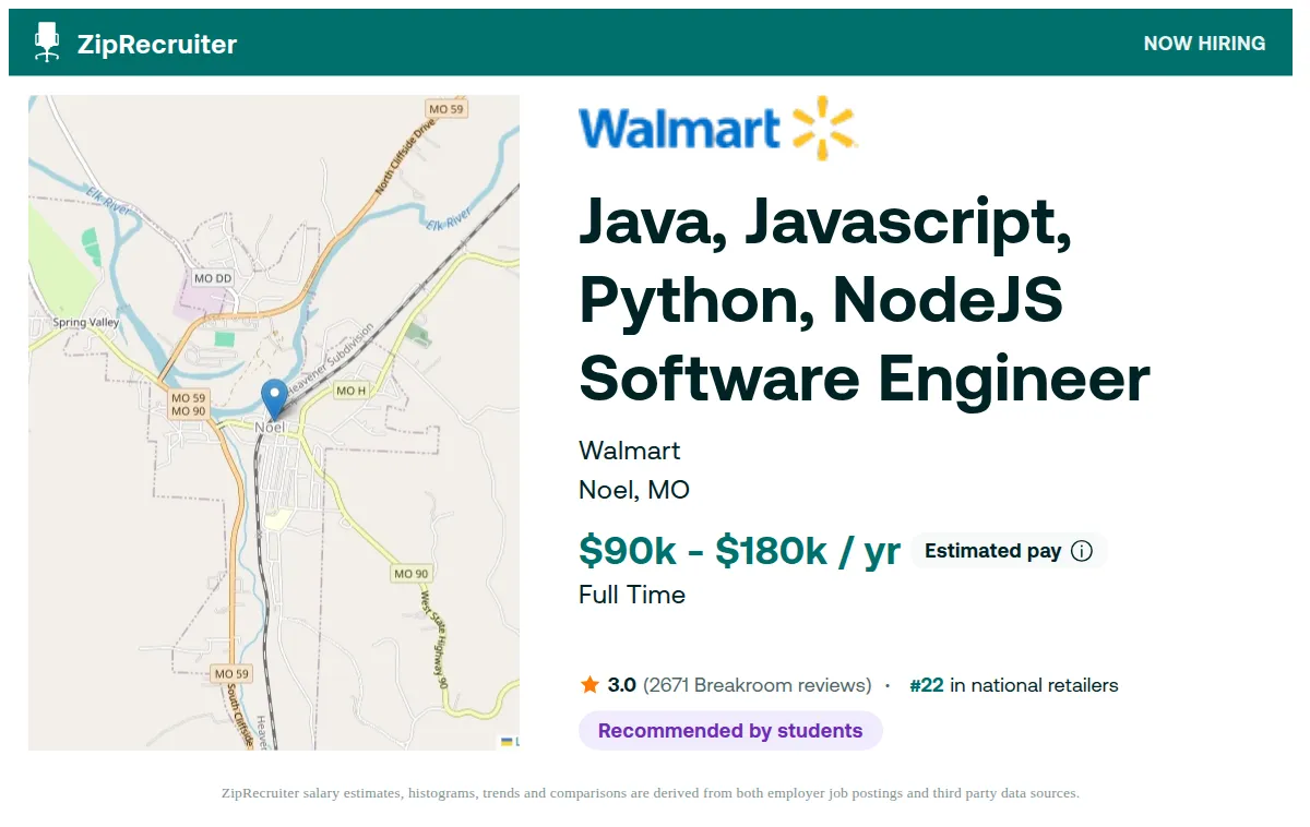 Walmart job posting for a Java, Javascript, Python, NodeJS Software Engineer in Noel, MO with a salary of $90,000.0 to $180,000.0 Annually, 3.0 star rating from 2827 Breakroom reviews, ranked #25 in national retailers, with a map of Noel location.